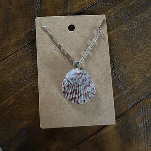 Silver Chain Necklace with Red and White Shell Pendant